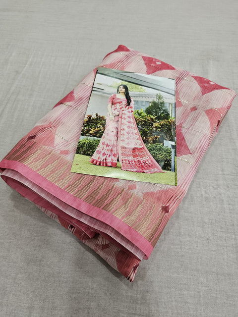 554002 Soft Linen Saree with Flower Print and Sequence Work