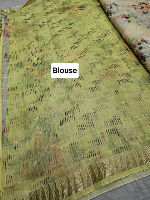554012 Soft Linen Saree with Flower Print and Sequence Work