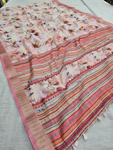 554010 Soft Linen Saree with Digital Print and Sequence Work
