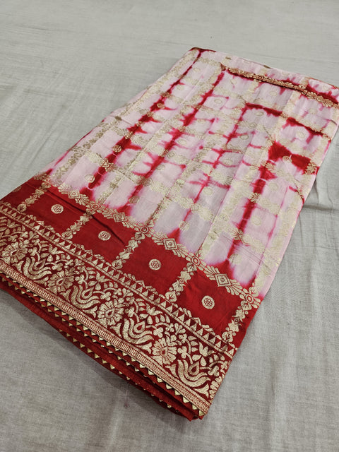 555004 Rajasthani Shibori Soft Silk Saree With Zari Weaving and Contrast Blouse - Red