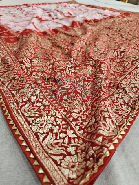 555004 Rajasthani Shibori Soft Silk Saree With Zari Weaving and Contrast Blouse - Red