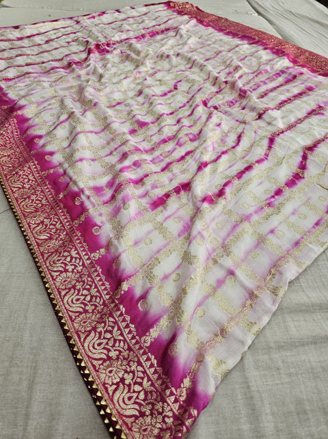 555004 Rajasthani Shibori Soft Silk Saree With Zari Weaving and Contrast Blouse - Baby Pink