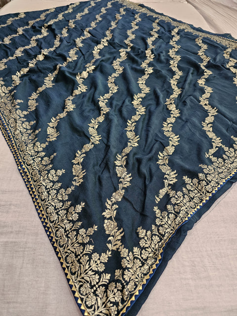 555001 Banarasi Soft Silk Saree With Zari Weaving - Teal