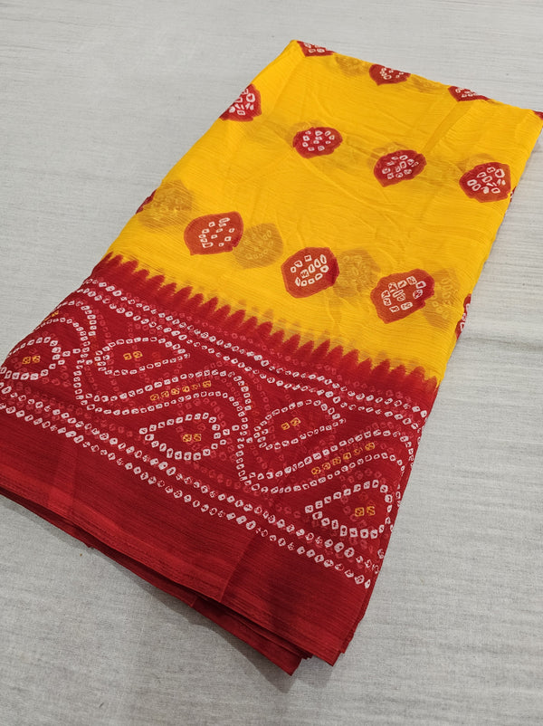 560007 Red and Yellow Chiffon Bandhani Saree