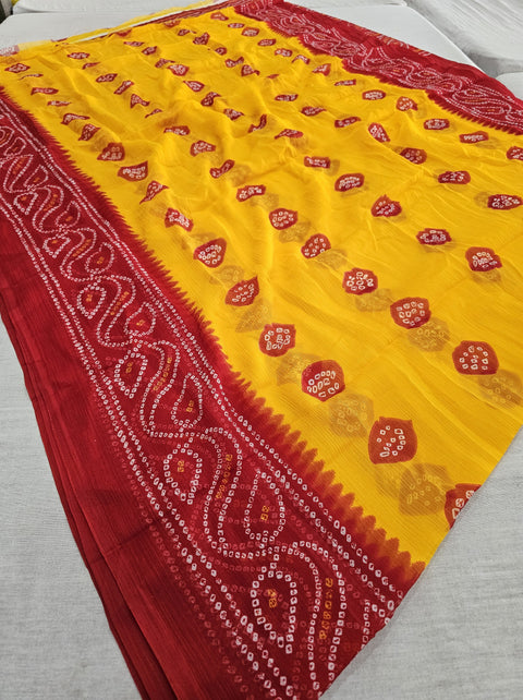 560007 Red and Yellow Chiffon Bandhani Saree