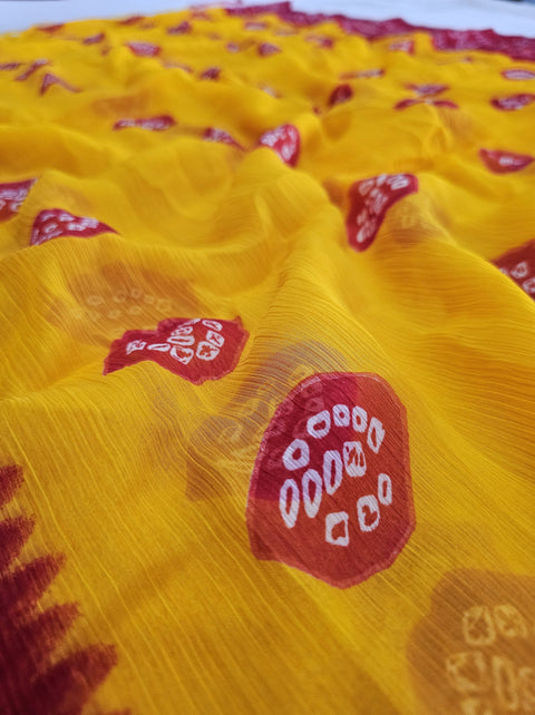 560007 Red and Yellow Chiffon Bandhani Saree