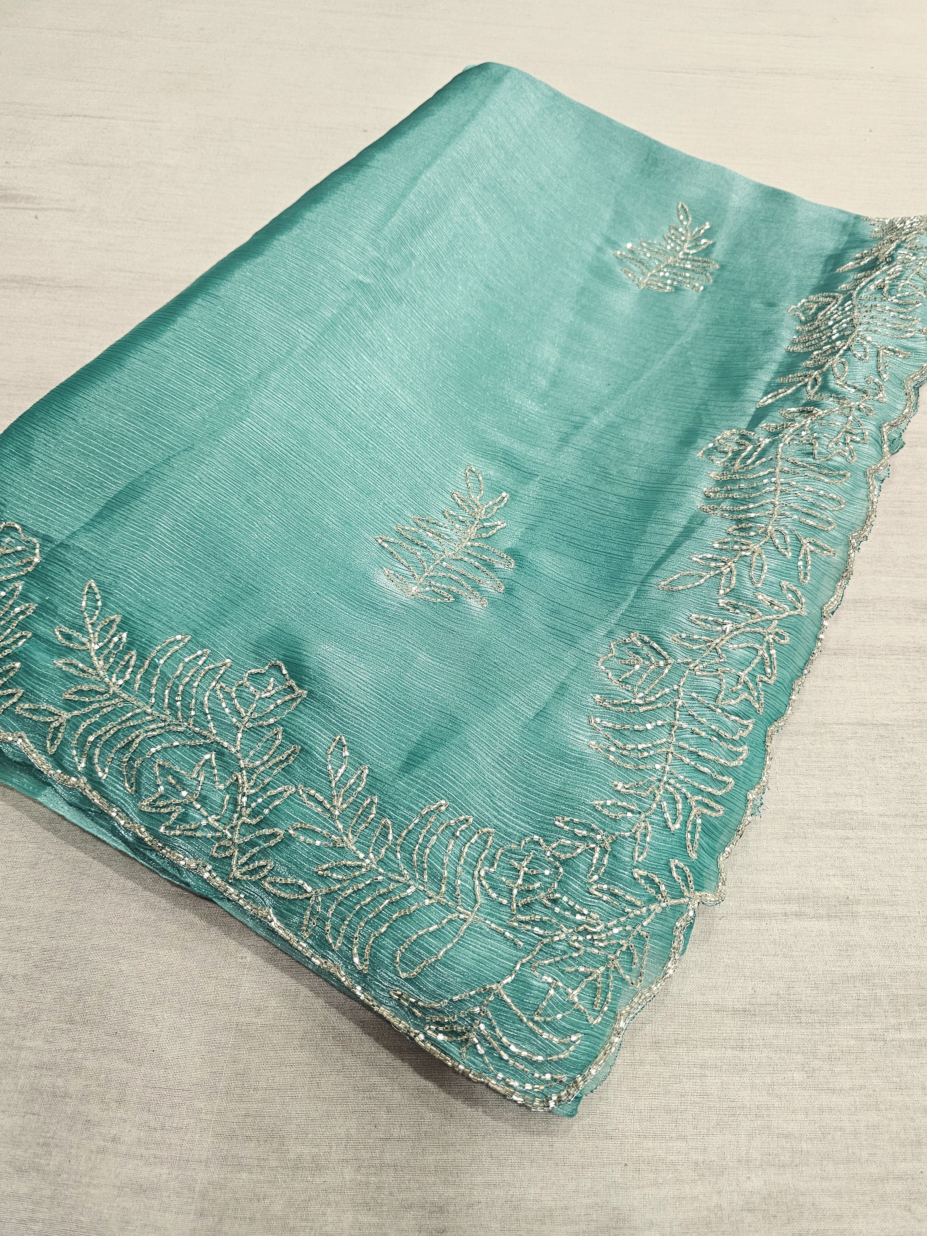 859009 Designer Hand Cutdana Heavy Work Jimmy Choo Saree - Teal (779016 562003)
