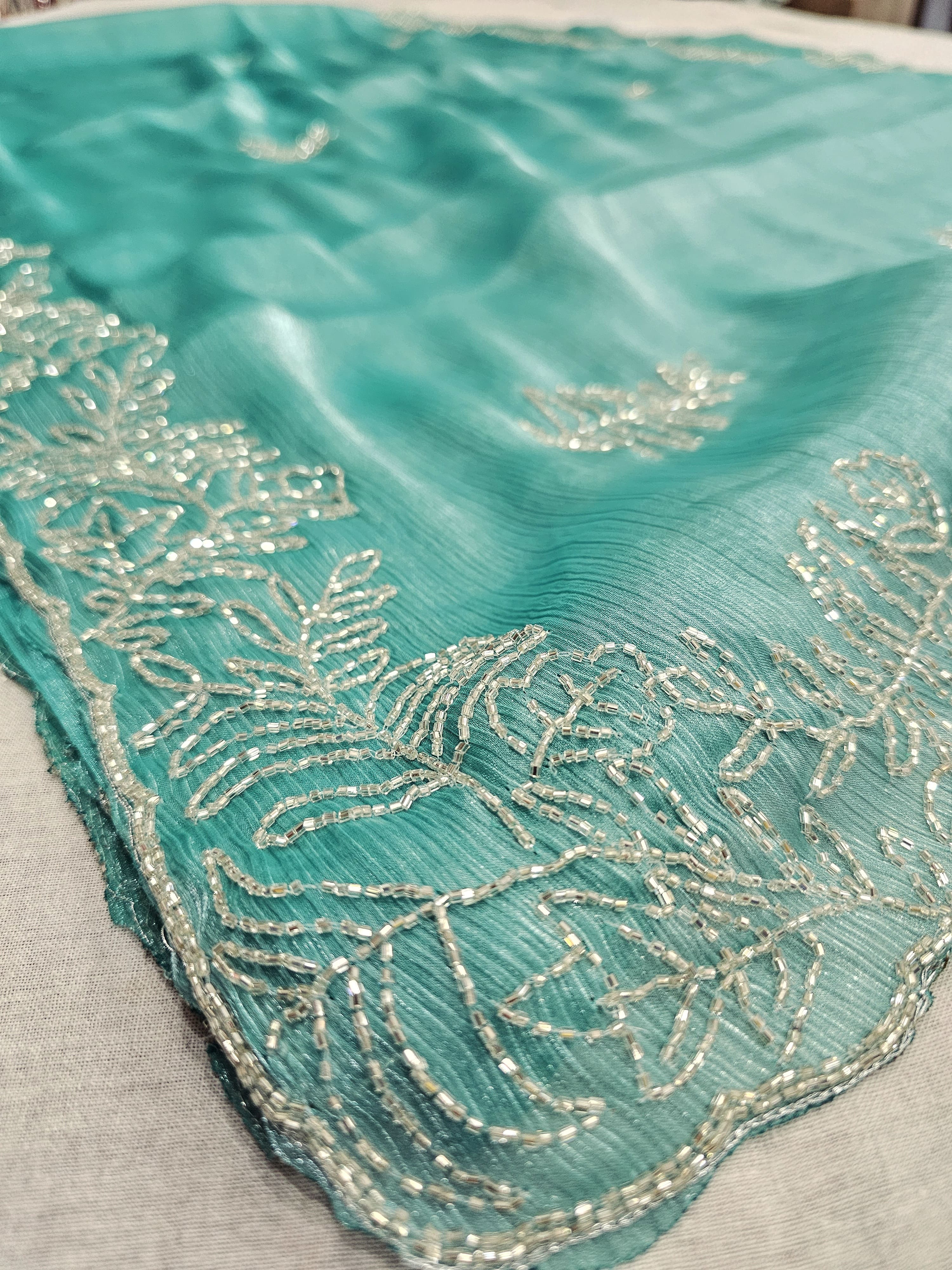 859009 Designer Hand Cutdana Heavy Work Jimmy Choo Saree - Teal (779016 562003)
