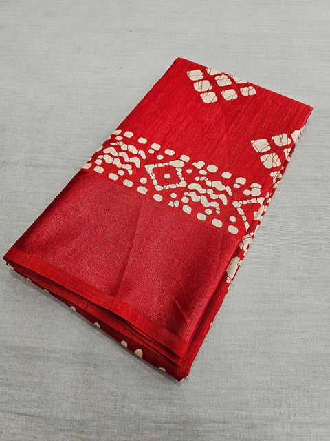 563002 Block Printed Semi Dola Silk Saree - Red