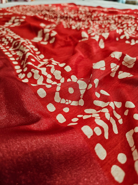 563002 Block Printed Semi Dola Silk Saree - Red
