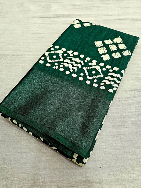 563002 Block Printed Semi Dola Silk Saree - Green