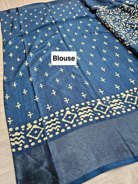 563002 Block Printed Semi Dola Silk Saree - Blue