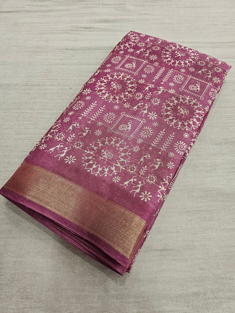 563006 Block Printed Kankawati Silk Saree - Pink