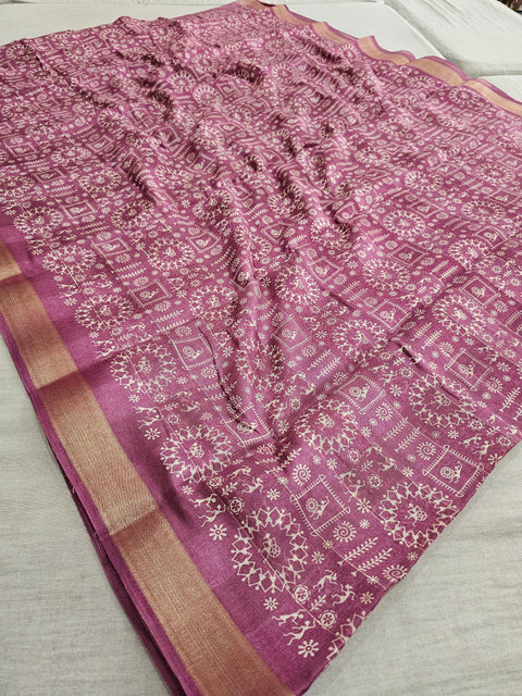 563006 Block Printed Kankawati Silk Saree - Pink