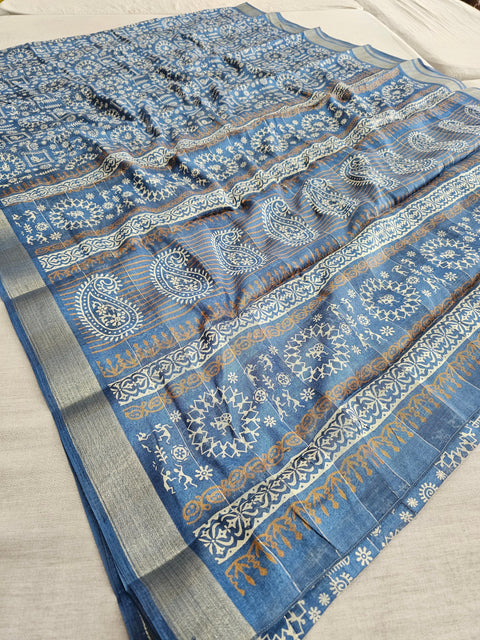 563006 Block Printed Kankawati Silk Saree - Blue