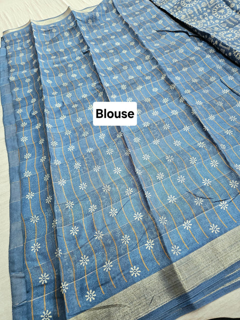 563006 Block Printed Kankawati Silk Saree - Blue