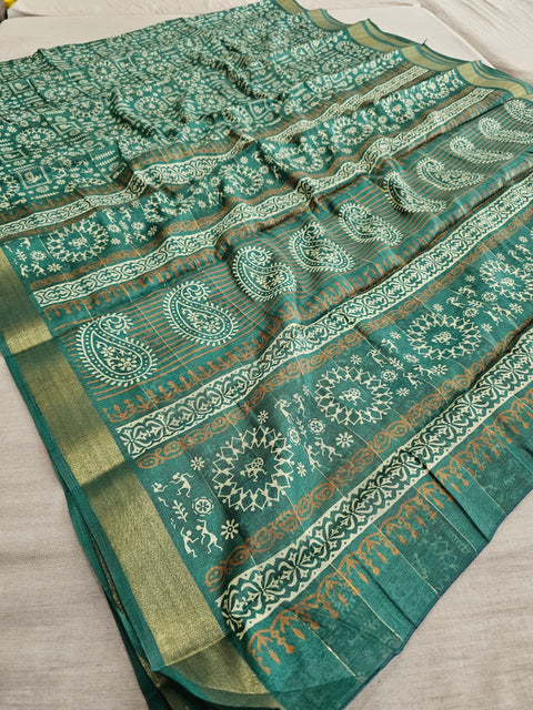 563006 Block Printed Kankawati Silk Saree - Teal Green