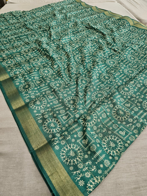 563006 Block Printed Kankawati Silk Saree - Teal Green