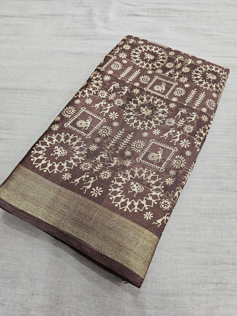 563006 Block Printed Kankawati Silk Saree - Brown