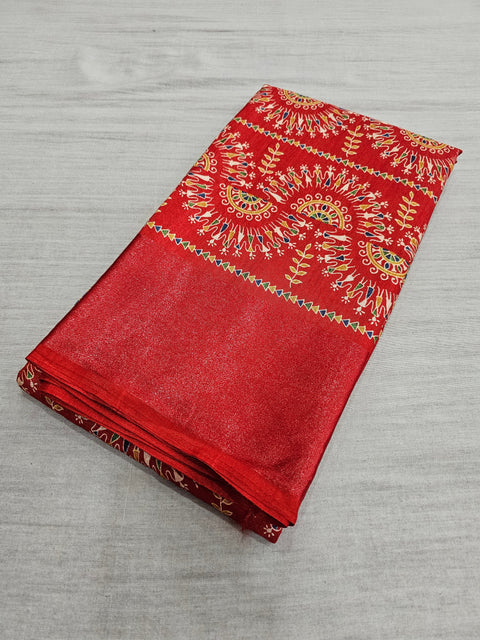 563004 Block Printed Semi Dola Silk Saree - Red