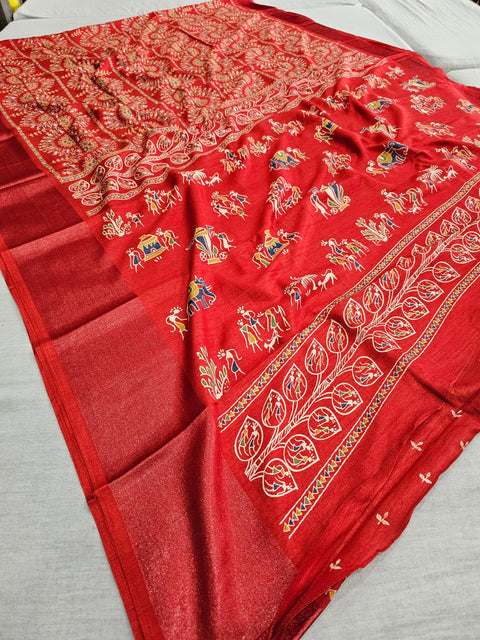 563004 Block Printed Semi Dola Silk Saree - Red