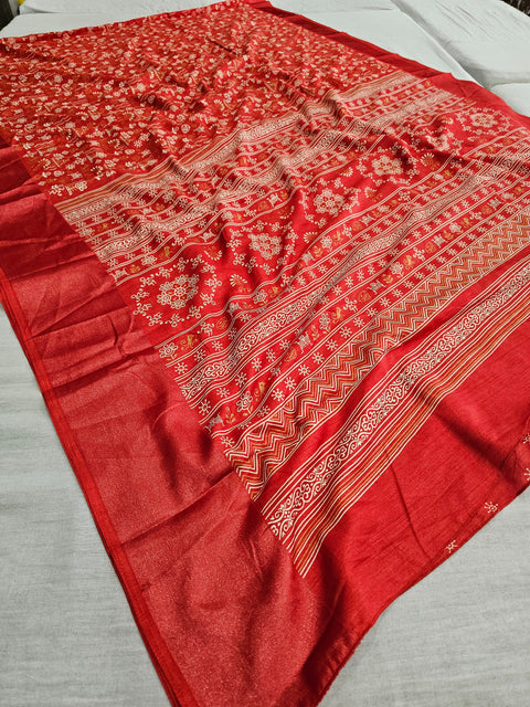 563001 Block Printed Semi Dola Silk Saree - Red