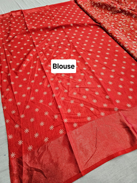 563001 Block Printed Semi Dola Silk Saree - Red