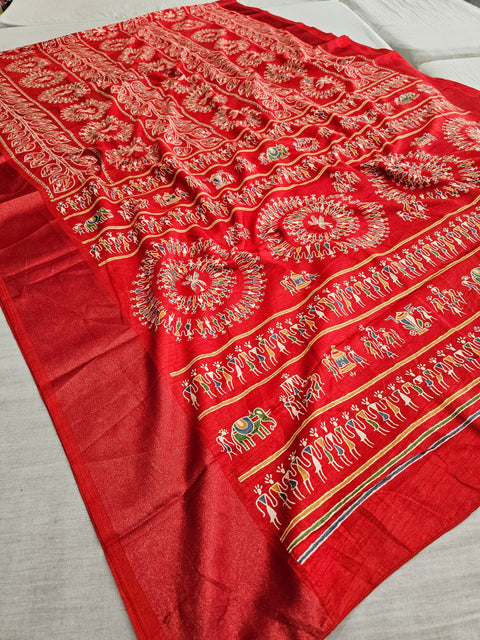 563005 Block Printed Semi Dola Silk Saree - Red
