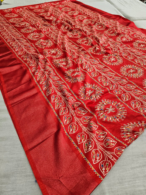 563005 Block Printed Semi Dola Silk Saree - Red