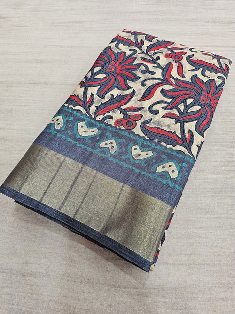 563008 Block Printed Soft Holand Silk Saree - Gray Rani