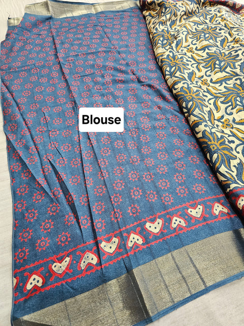 563008 Block Printed Soft Holand Silk Saree - Blue Mustered