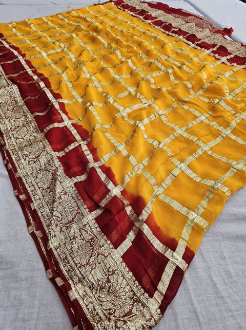 564005 Rajasthani Pila Saree With Banarasi Ghatchola Zari Weaving