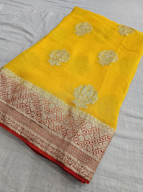564006 Rajasthani Pila Saree With Banarasi Zari Weaving