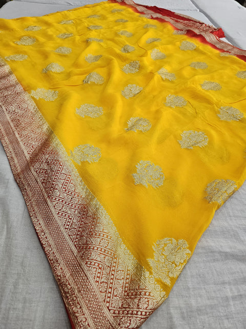 564006 Rajasthani Pila Saree With Banarasi Zari Weaving