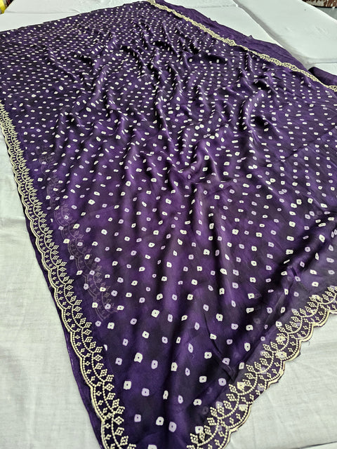 565004 Digital Print Georgette Crape Saree With Embroidery - Dark Purple