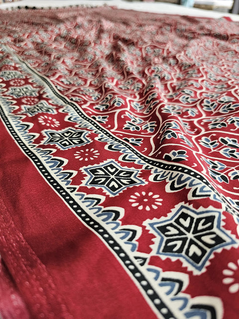 566004 Ajrakh Print Crepe Silk Saree - Red