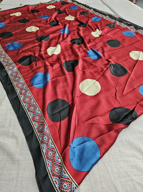 566005 Ajrakh With Polka Dots Print Crepe Silk Saree - Red