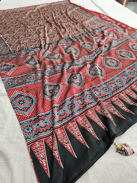 566001 Ajrakh Print Crepe Silk Saree - Red