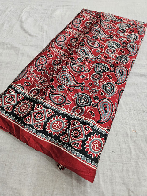 566003 Ajrakh Print Crepe Silk Saree - Red