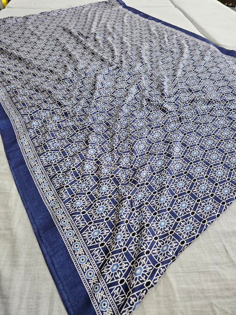 567004 Ajrakh Print Dola Silk Saree - Blue