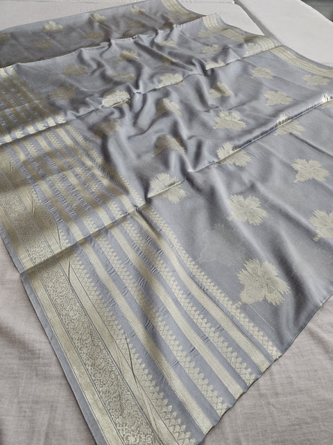 568003 Banarasi Silk Saree With Heavy Blouse and Full Zari Weaving Work - Gray