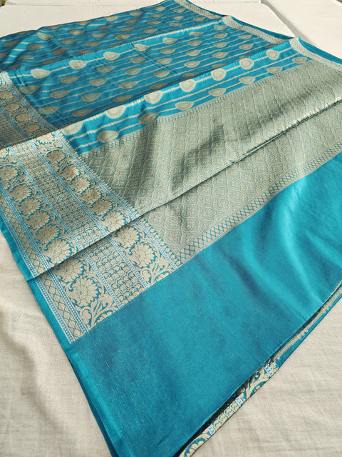 568004 Banarasi Silk Saree With Heavy Blouse and Full Zari Weaving Work - Firozi