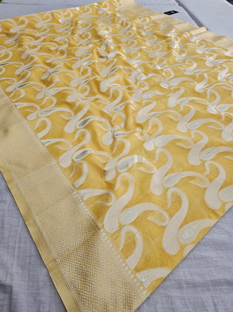 568002 Banarasi Cotton Saree With Full Zari Weaving Work - Yellow