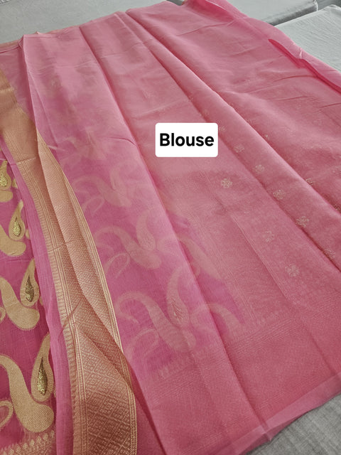 568002 Banarasi Cotton Saree With Full Zari Weaving Work - Pink