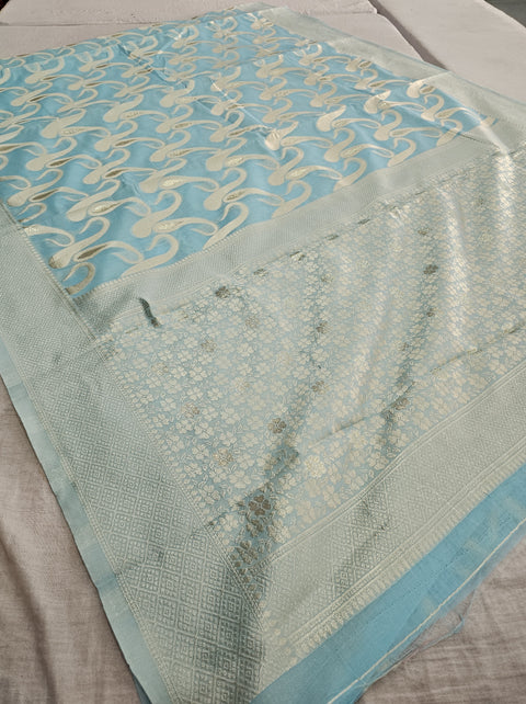 568002 Banarasi Cotton Saree With Full Zari Weaving Work - Firozi