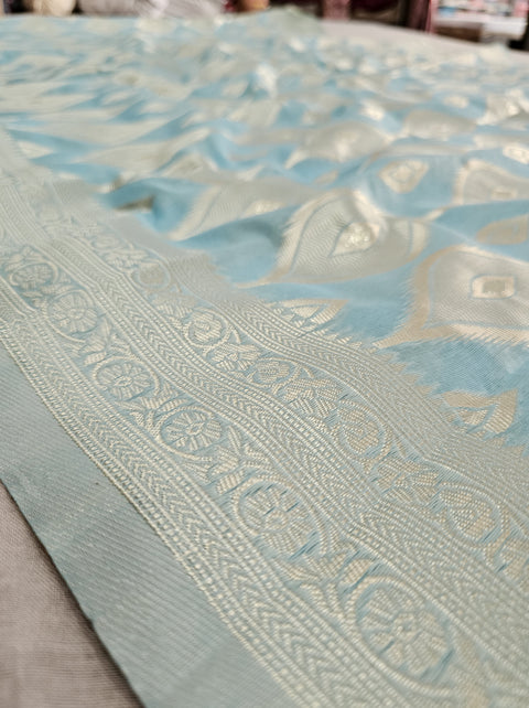 568001 Banarasi Cotton Saree With Full Zari Weaving Work - Blue