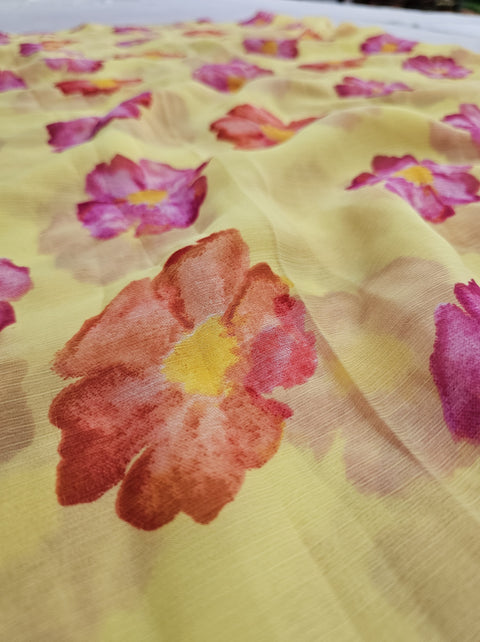 569001 Semi Chiffon Flower Print Saree - Yellow