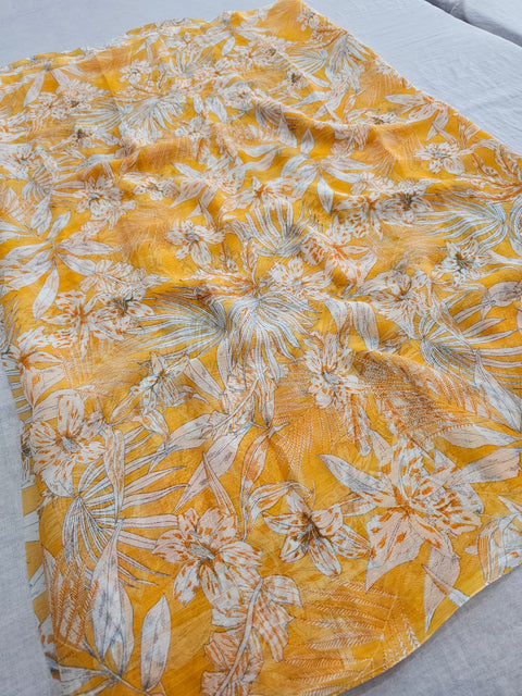 572003 Semi Chiffon Flower Print Saree - yellow