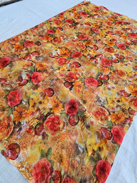 572002 Semi Chiffon Flower Print Saree - orange red