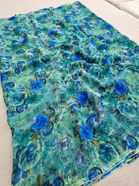 572002 Semi Chiffon Flower Print Saree - Blue